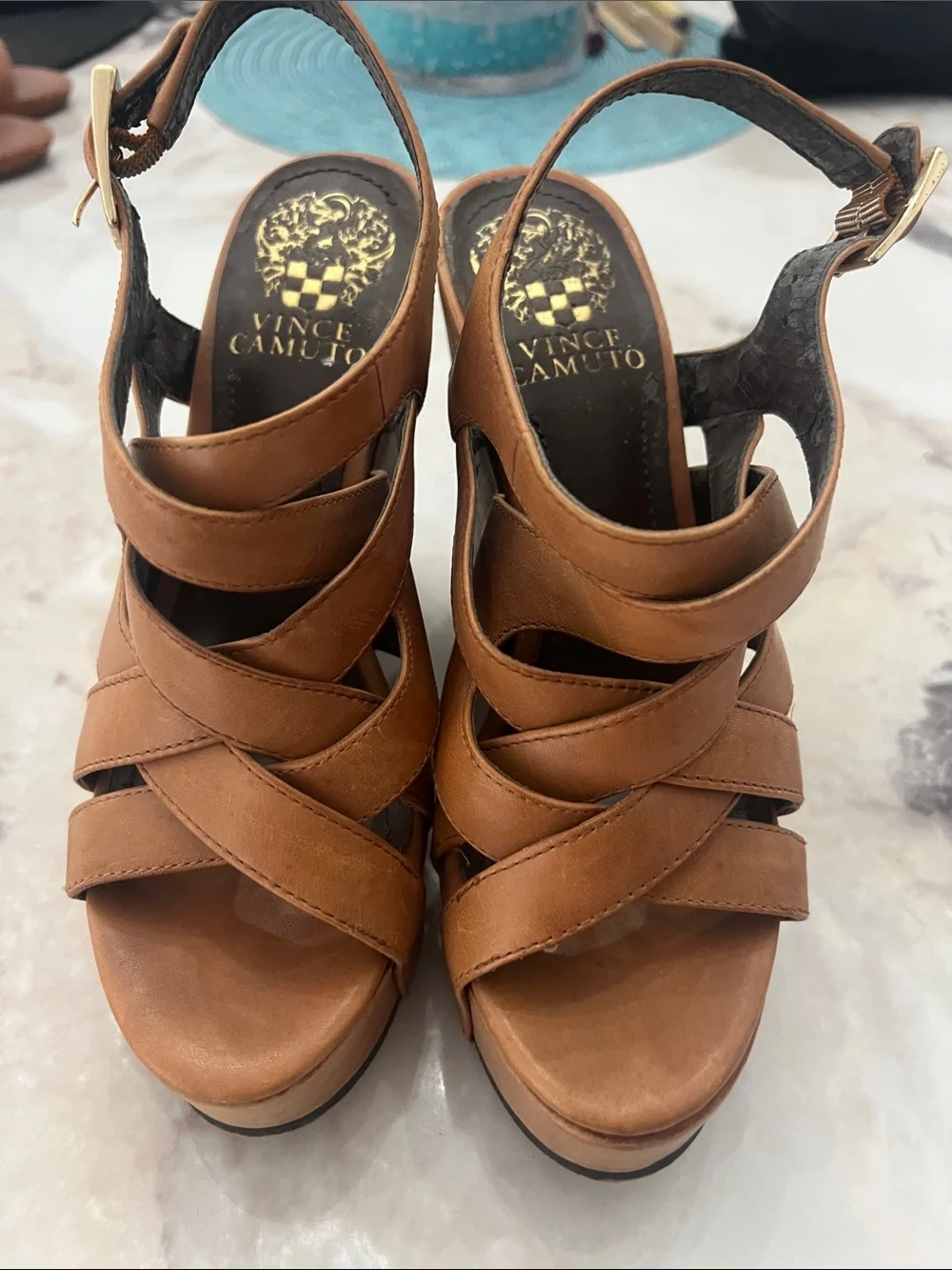 Vince Camuto Tan Leather Crisscross Platform Sandals